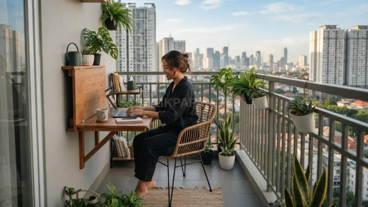 Balkon minimalis dengan meja lipat membuat ruang terbatas tetap fungsional, nyaman, rapi, dan fleksibel untuk berbagai aktivitas. (BTV/AI)