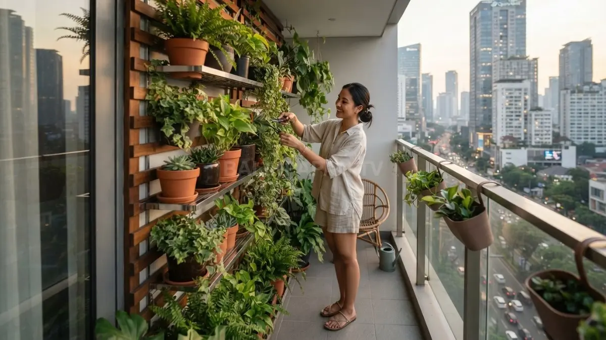Balkon sempit terasa lebih hijau dengan vertical garden, tanaman gantung, dan pot senada (BTV/AI)
