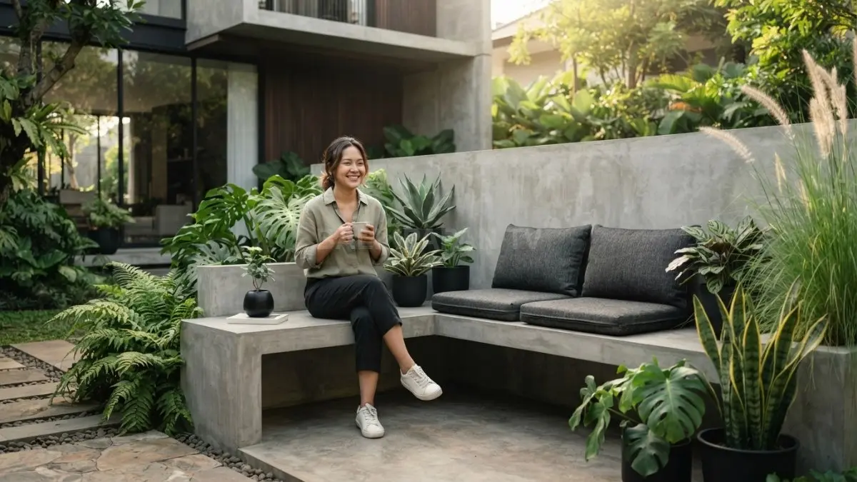 Bangku beton minimalis menghadirkan kesan modern, kokoh, clean, dan menyatu dengan elemen taman hijau (BTV/AI)
