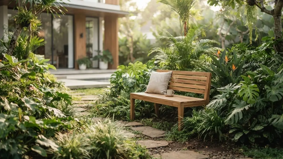 Bangku kayu ramping di tengah taman menciptakan suasana hangat, natural, nyaman, dan tetap lega (BTV/AI)

