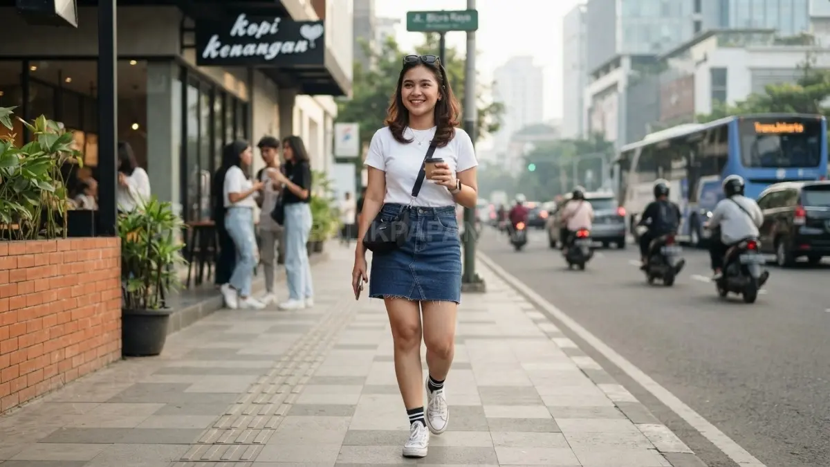 Basic T-shirt dan denim skirt cocok untuk gaya youthful yang simpel, nyaman, dan stylish untuk berbagai aktivitas harian (BTV/AI)