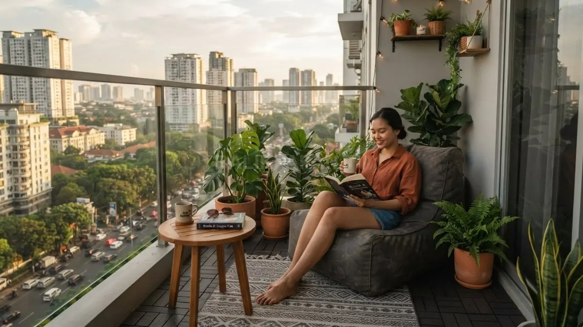 Bean bag membuat balkon terasa cozy, fleksibel, dan nyaman untuk membaca, ngopi, atau bersantai sejenak (BTV/AI)