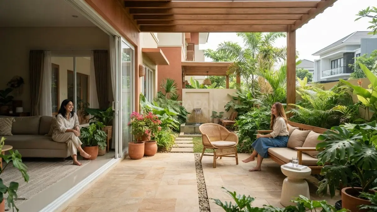 Courtyard Mediterranean menjadi penghubung indoor dan outdoor melalui batu alam, tanaman hijau, serta area santai nyaman. (BTV/AI)