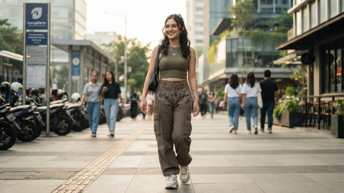Crop top dan cargo pants menciptakan gaya street style Gen Z yang edgy, modern, nyaman, dan stylish untuk aktivitas harian. (BTV/AI)