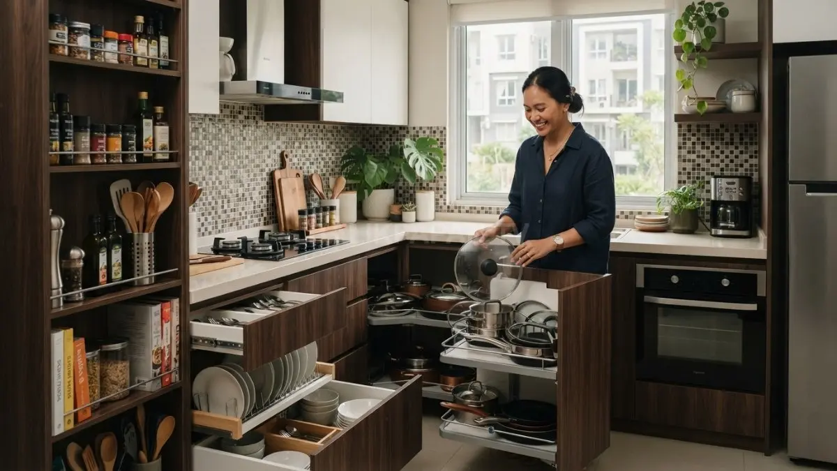 Dapur berbentuk L memaksimalkan sudut ruang, dilengkapi penyimpanan vertikal dan organizer kabinet agar dapur tetap rapi (BTV/AI)
