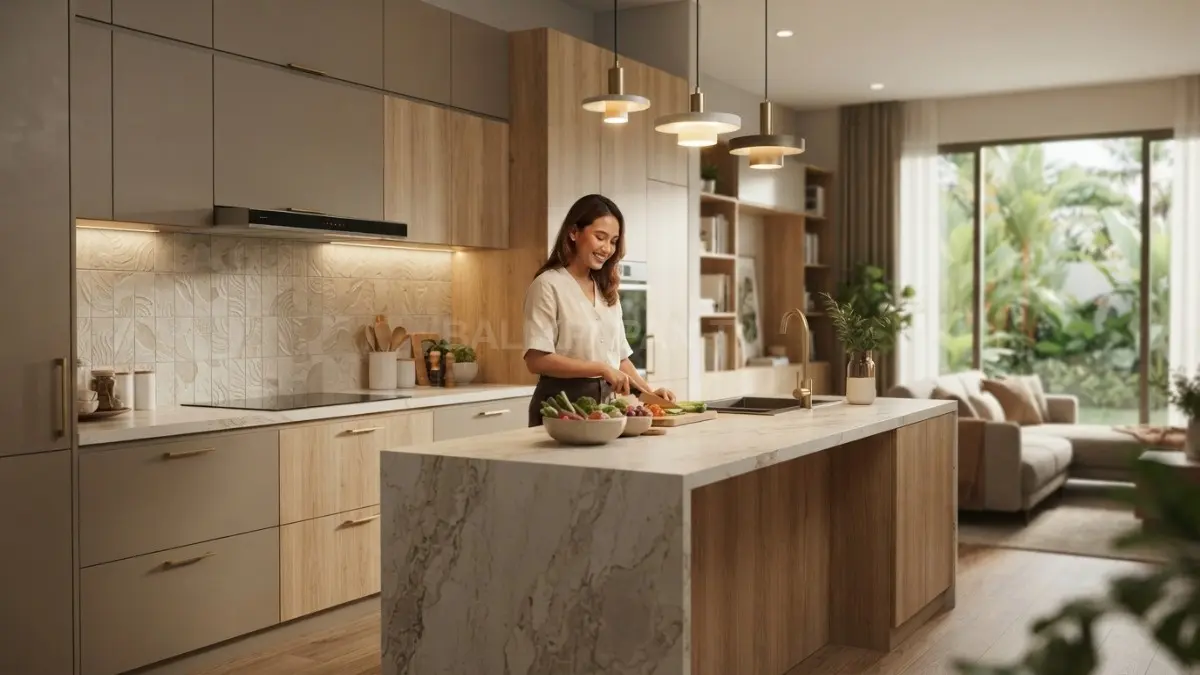 Dapur Eropa modern memadukan material natural, kabinet minimalis, pencahayaan berlapis, dan countertop fungsional untuk kenyamanan. (BTV/AI)