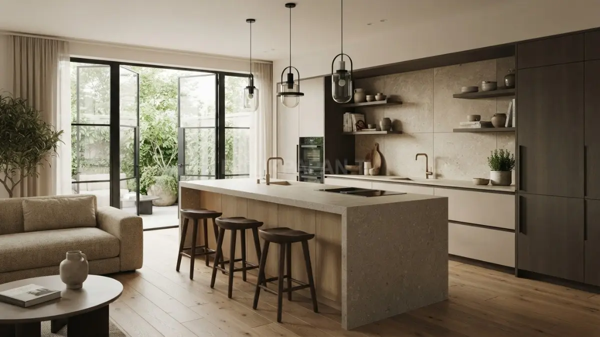 Dapur Eropa modern memadukan material natural, kabinet minimalis, pencahayaan berlapis, serta fungsi praktis untuk keluarga. (BTV/AI)