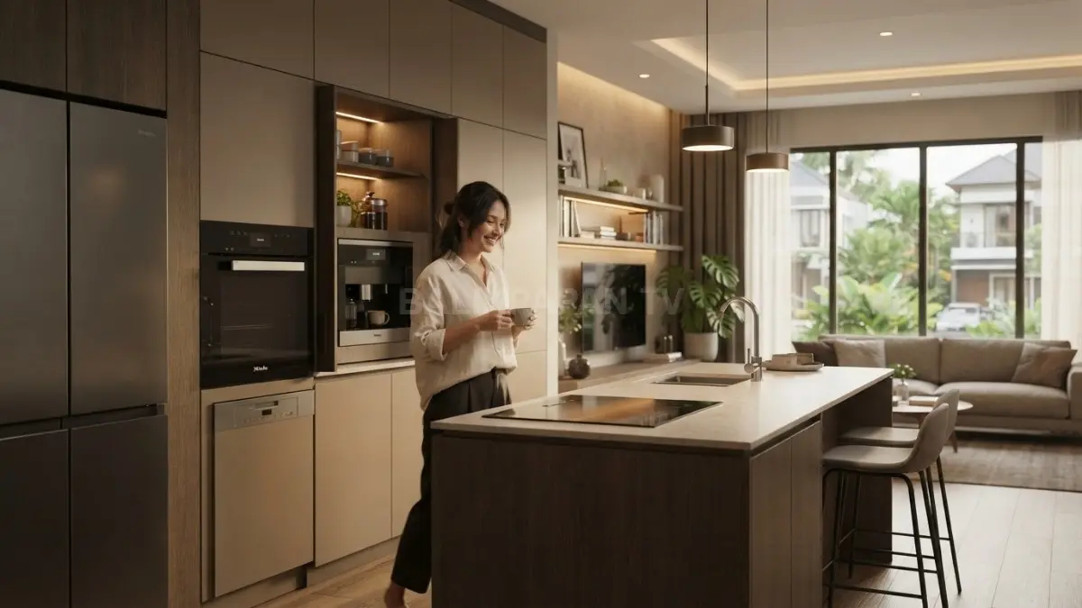 Dapur Eropa modern memanfaatkan kabinet built-in untuk menyamarkan peralatan sehingga ruang tampak rapi dan elegan. (BTV/AI)