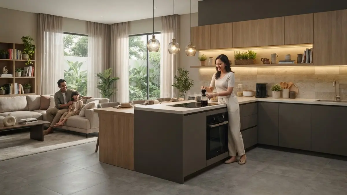 Dapur Eropa modern menyatu dengan ruang keluarga melalui sofa, lampu dekoratif, meja makan, serta material serasi. (BTV/AI)