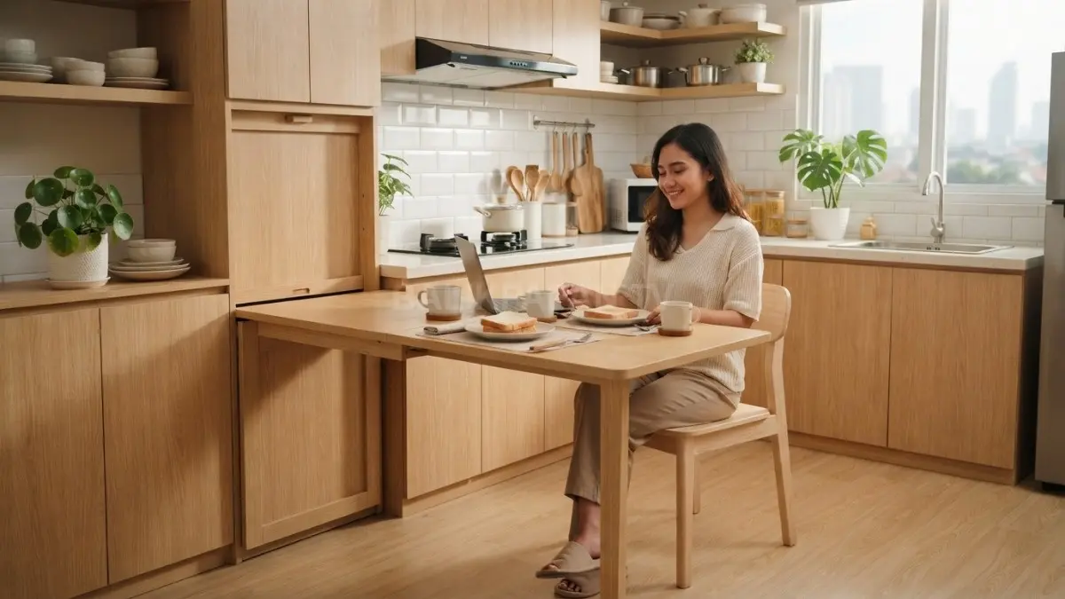 Dapur Japandi dengan meja lipat membuat ruang kecil lebih fleksibel, rapi, nyaman, dan tetap estetik. (BTV/AI)
