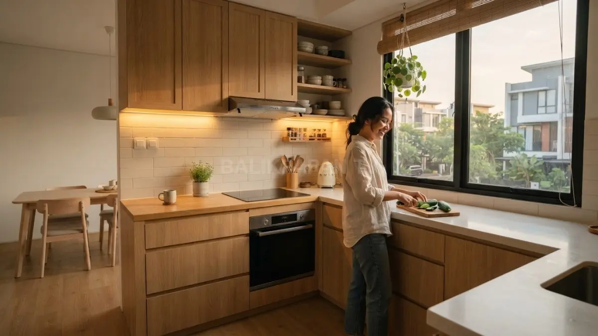 Dapur Japandi dengan pencahayaan hangat menciptakan suasana nyaman, elegan, dan estetik untuk rumah kecil modern (BTV/AI)
