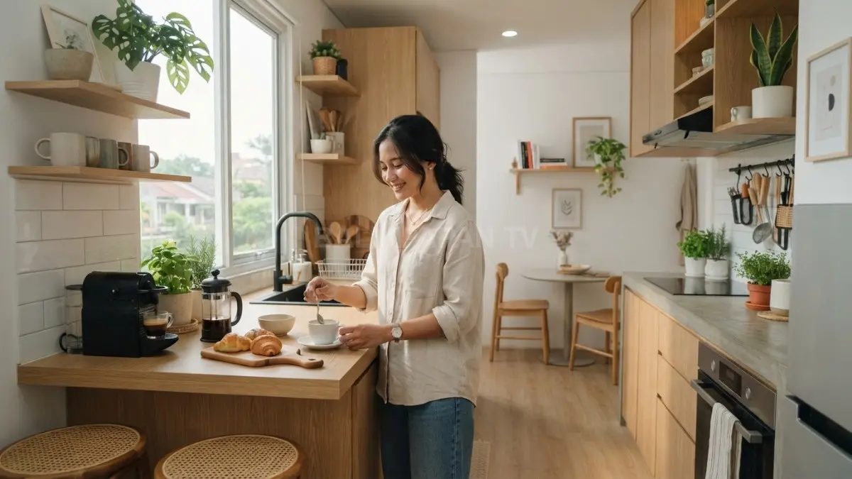 Dapur Japandi minimalis menghadirkan ruang kecil yang fungsional, nyaman, rapi, dan tetap estetik modern-natural (BTV/AI)

