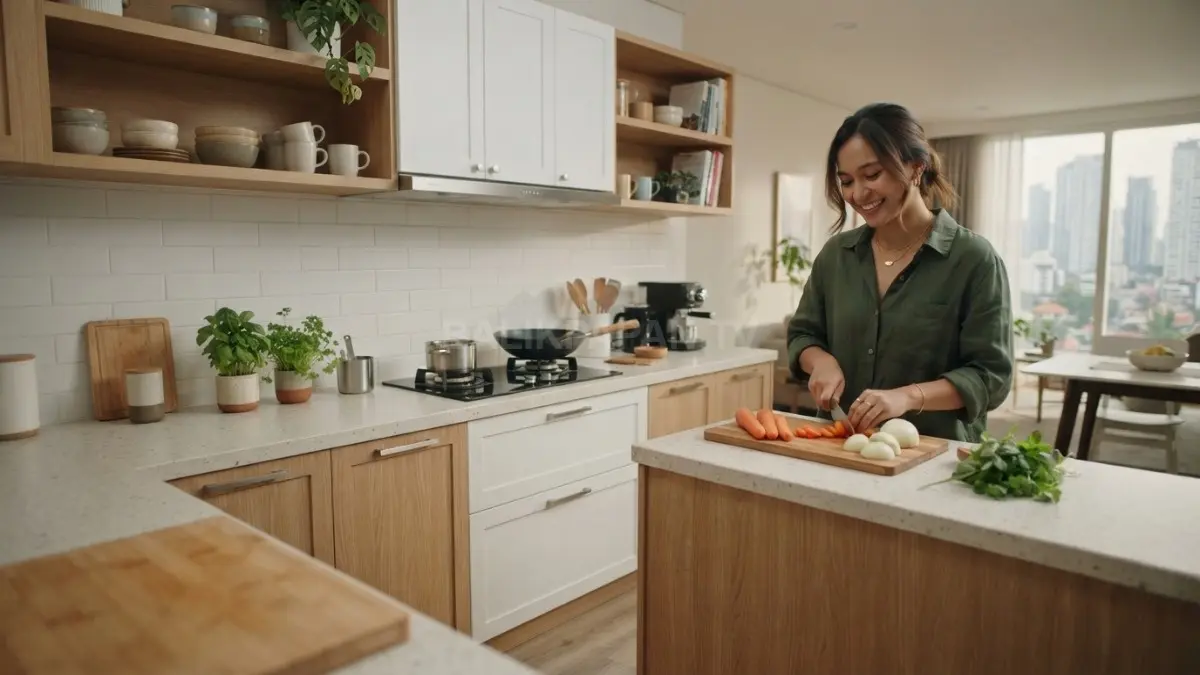 Dapur linear dengan kabinet light oak menciptakan ruang memasak minimalis, hangat, lega, dan fungsional (BTV/AI)
