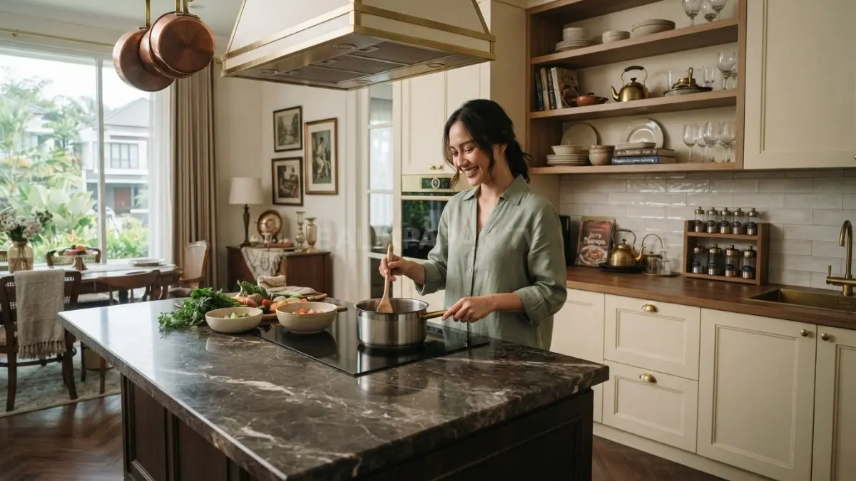 Dapur old money Eropa memadukan kabinet kayu klasik, detail brass, countertop batu, dan dekorasi fungsional elegan berkarakter. (BTV/AI)
