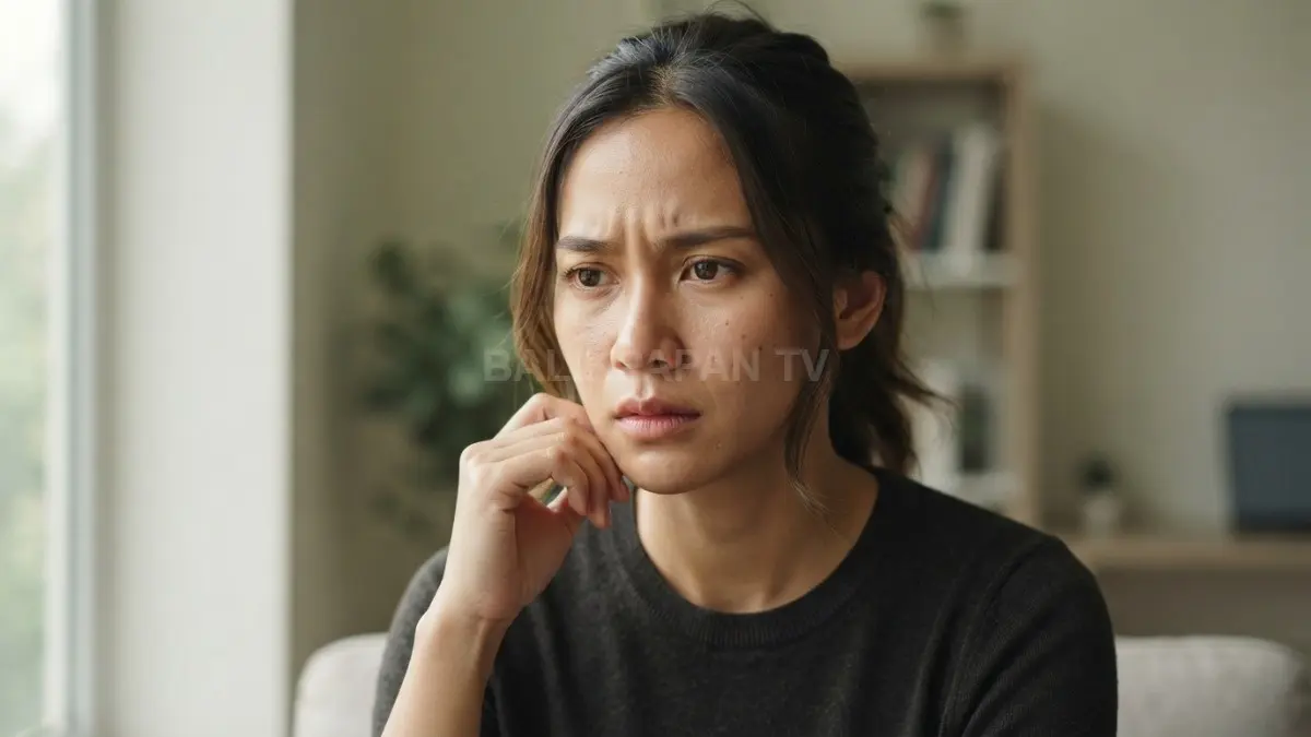 Ekspresi tegang seorang perempuan dewasa mencerminkan hubungan antara stres psikologis dan kondisi kesehatan kulit wajah. (BTV/Ai)