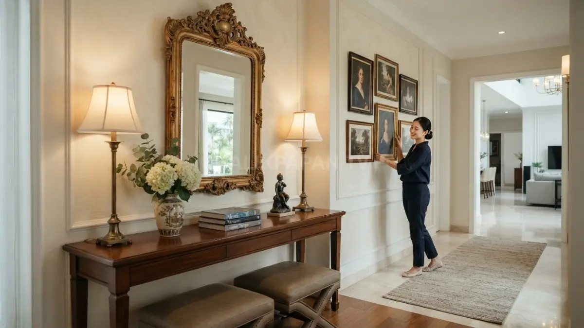 Foyer bergaya old money Eropa memadukan konsol klasik, cermin besar, lampu meja, dan karya seni berkarakter elegan. (BTV/AI)