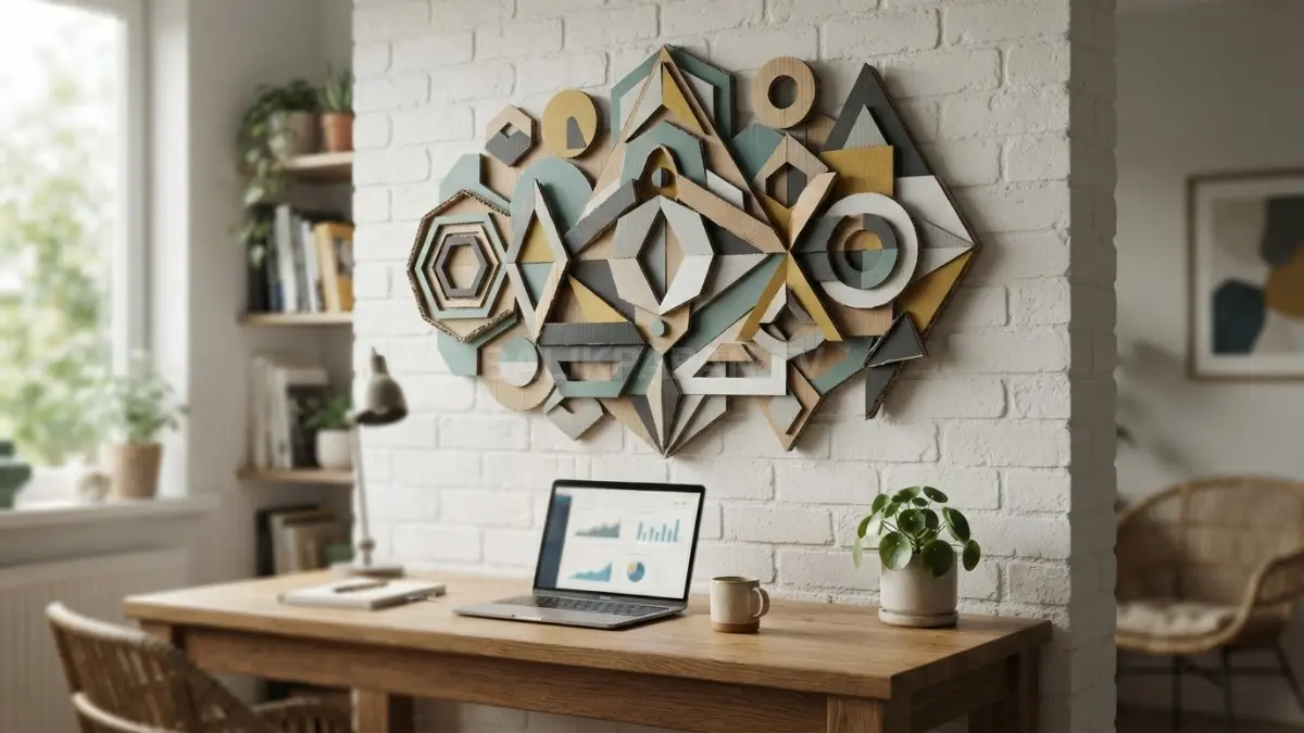 Hiasan dinding geometris dari kardus bekas menghadirkan dekorasi kreatif sederhana untuk mempercantik ruangan. (BTV/AI)