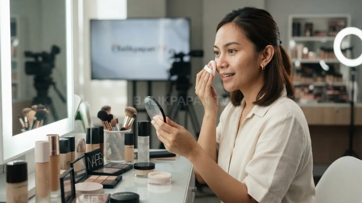 Ilustrasi perempuan mengaplikasikan makeup berlapis untuk menjaga riasan tetap rapi tahan lama bebas kilap seharian. (BTV/AI)