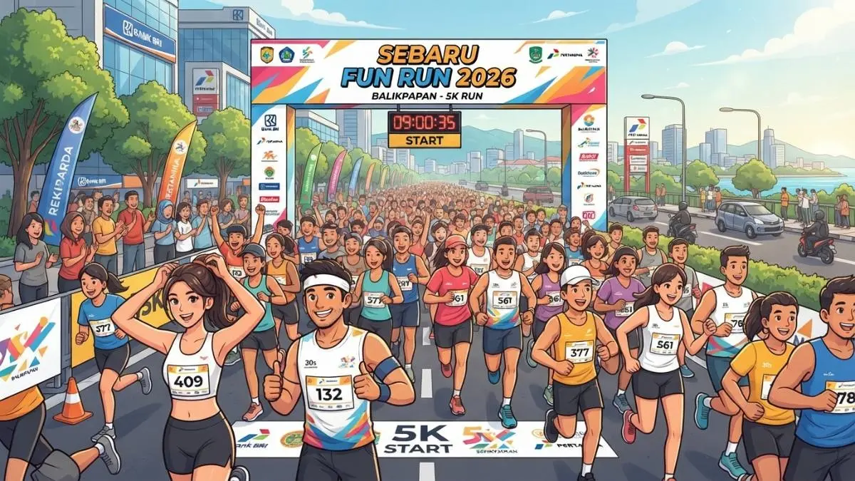 Ilustrasi peserta Sebaru Fun Run 2026 bersiap mengikuti rute lima kilometer di Balikpapan dengan semangat olahraga bersama. (BTV/AI)