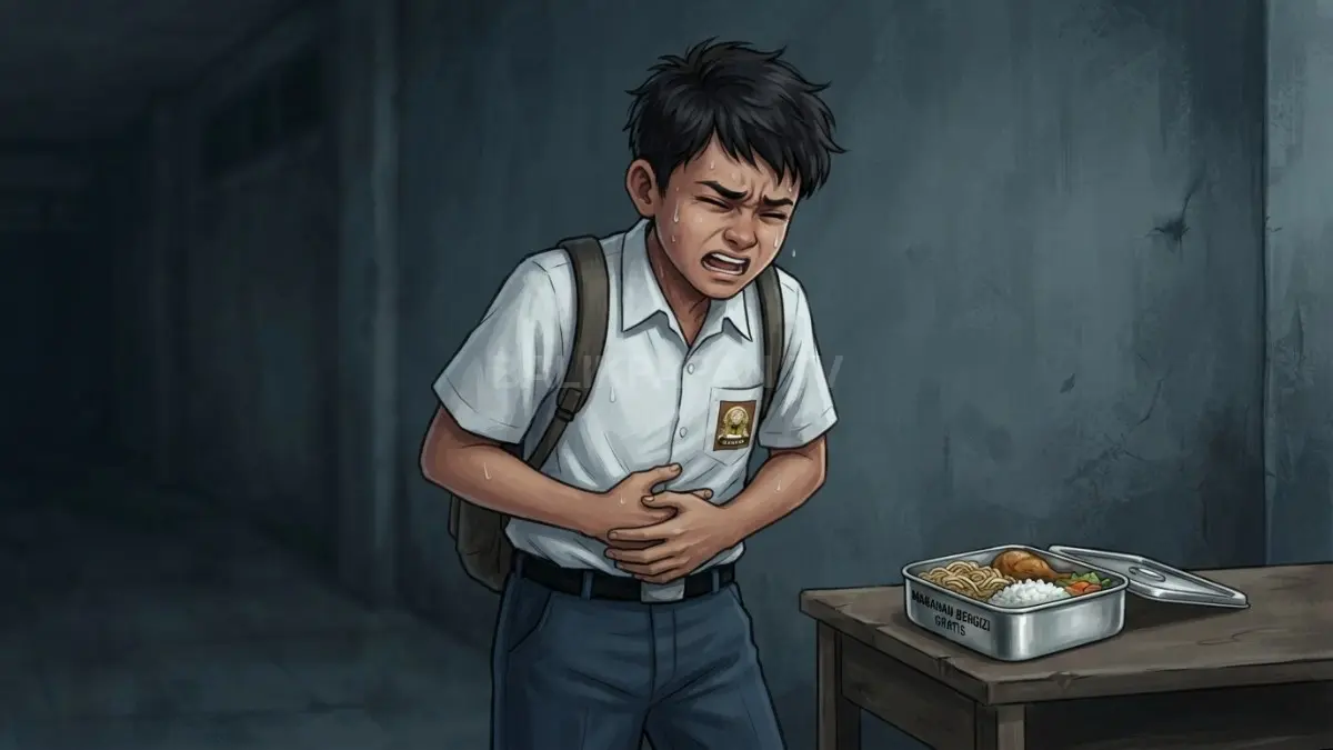 Ilustrasi siswa mengalami keracunan setelah mengonsumsi makanan MBG, menyoroti pentingnya keamanan pangan dalam program pemerintah. (BTV/AI)