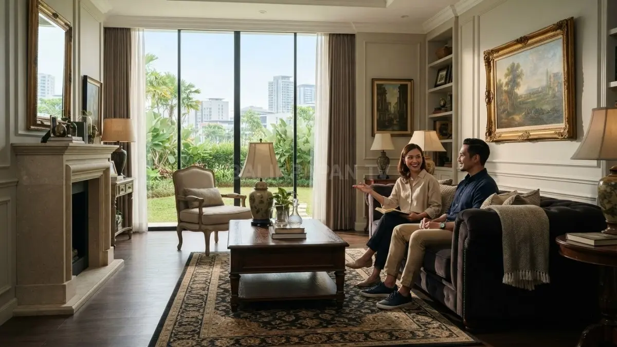 Interior old money Eropa memadukan furnitur klasik, material berkualitas, simetri, serta dekorasi antik berkarakter elegan. (BTV/AI)