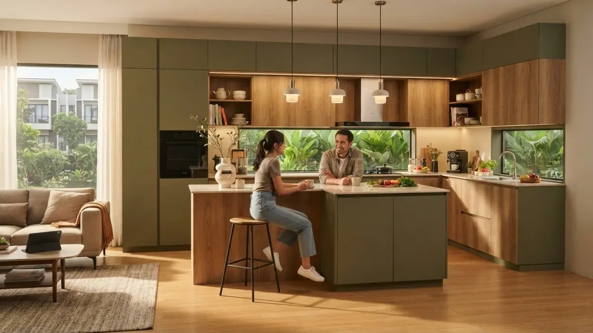 Kabinet earthy bernuansa olive, beige, taupe, dan kayu menciptakan dapur Eropa modern yang hangat serta elegan. (BTV/AI)