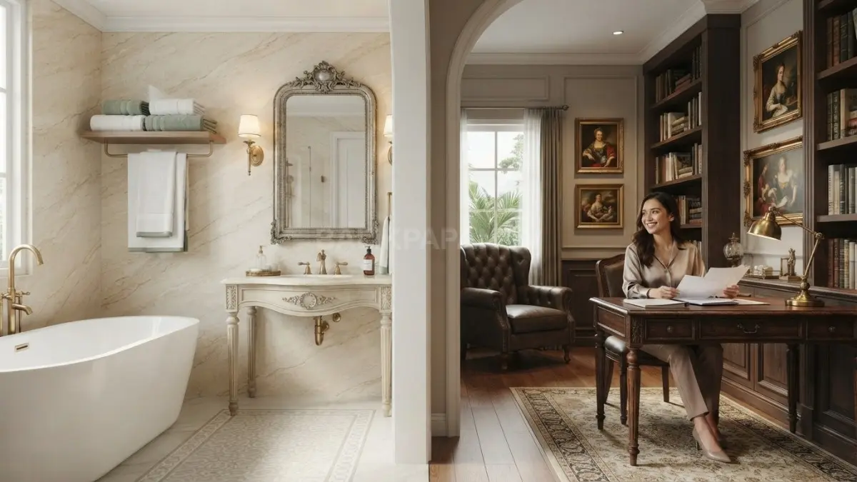 Kamar mandi bergaya old money Eropa memadukan batu natural, kabinet kayu, cermin klasik, dan lampu elegan. (BTV/AI)