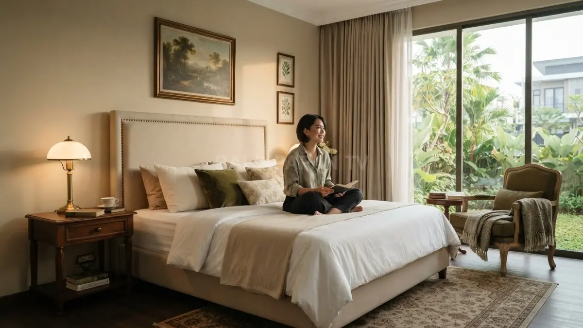Kamar tidur bergaya old money Eropa menghadirkan kemewahan melalui headboard klasik, tekstil berlapis, dan warna netral elegan. (BTV/AI)
