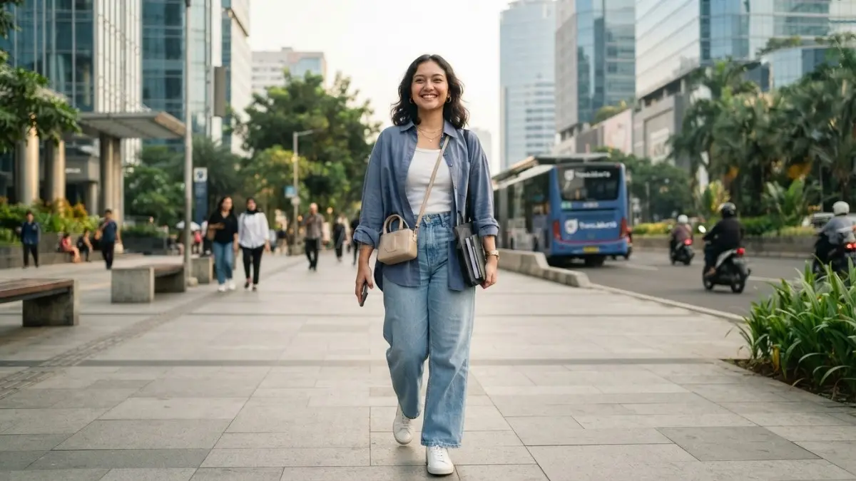 Kemeja oversized dipadukan inner basic dan wide-leg pants menciptakan outfit casual Gen Z yang stylish, nyaman, dan kekinian. (BTV/AI)
