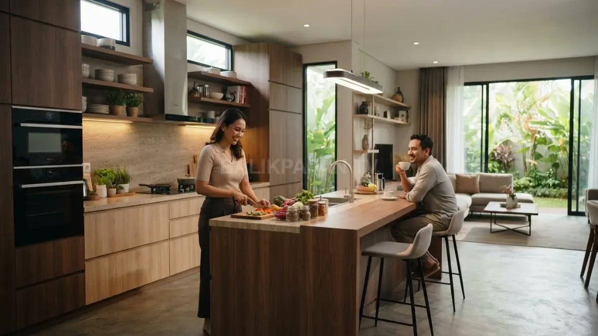 Konsep Mediterranean dan dapur Eropa modern memadukan material alami, warna hangat, serta ruang nyaman untuk aktivitas keluarga. (BTV/AI)