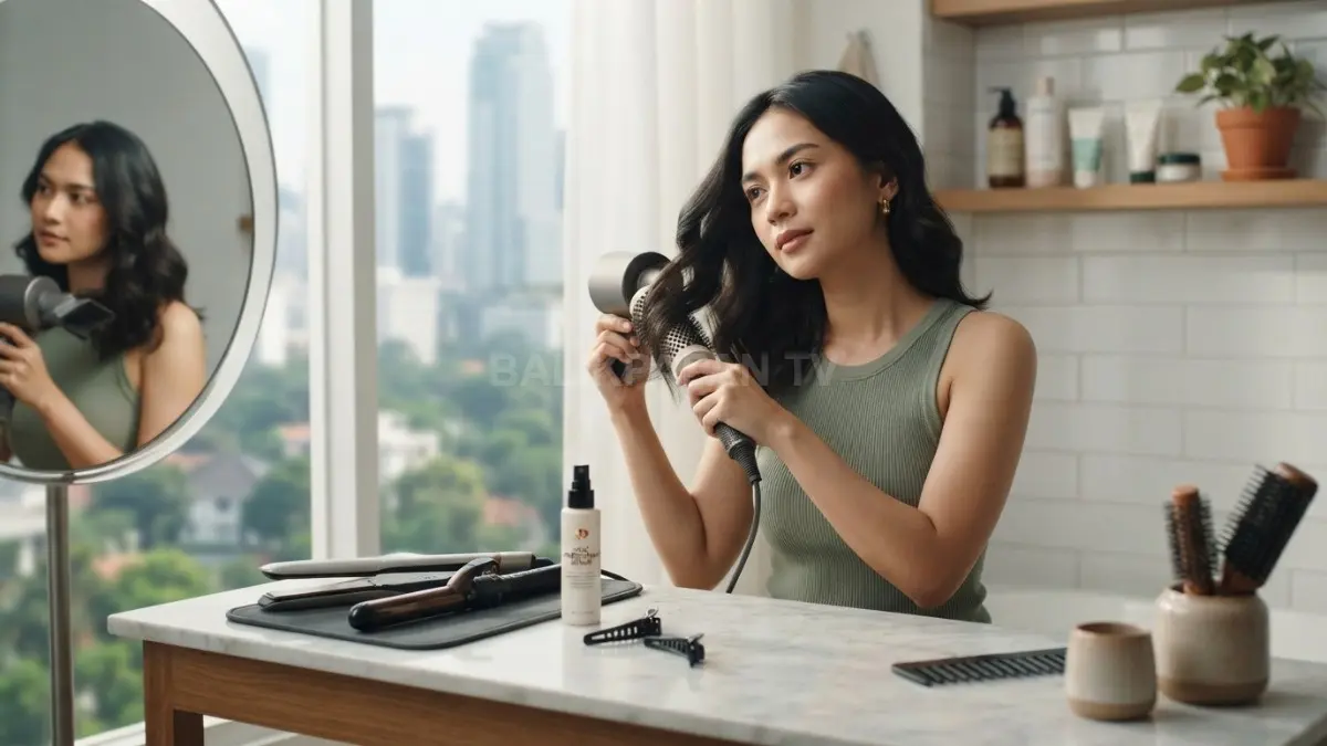 Kurangi alat styling panas agar rambut tetap sehat, kuat, dan tidak mudah rusak akibat paparan suhu tinggi berlebihan. (BTV/AI)