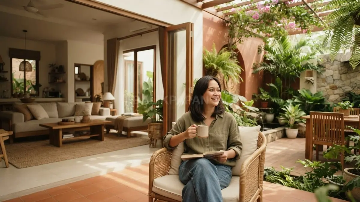 Mediterranean Living memadukan ruang indoor dan outdoor melalui material alami, warna bumi, teras, serta taman yang nyaman. (BTV/AI)