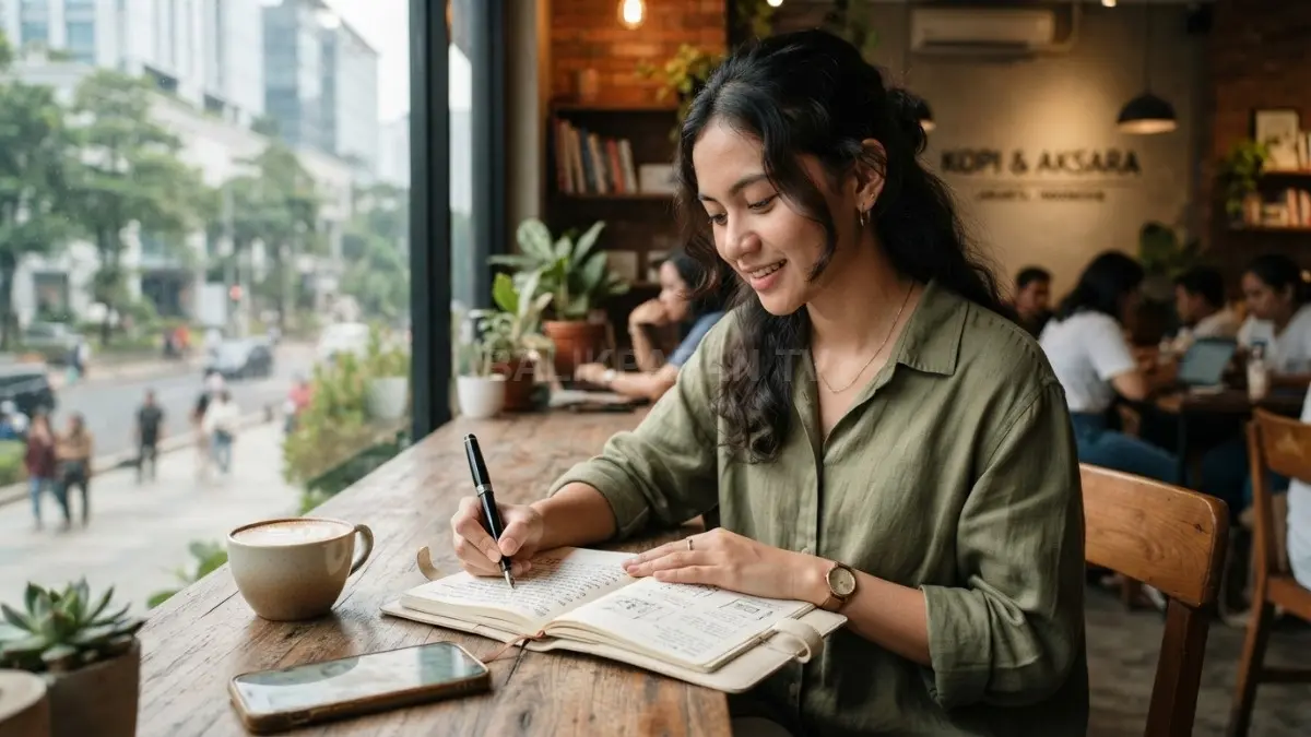 Menulis jurnal atau cerita pendek menjadi hobi kreatif sederhana untuk menuangkan ide, pengalaman, dan imajinasi setiap hari (BTV/AI).
