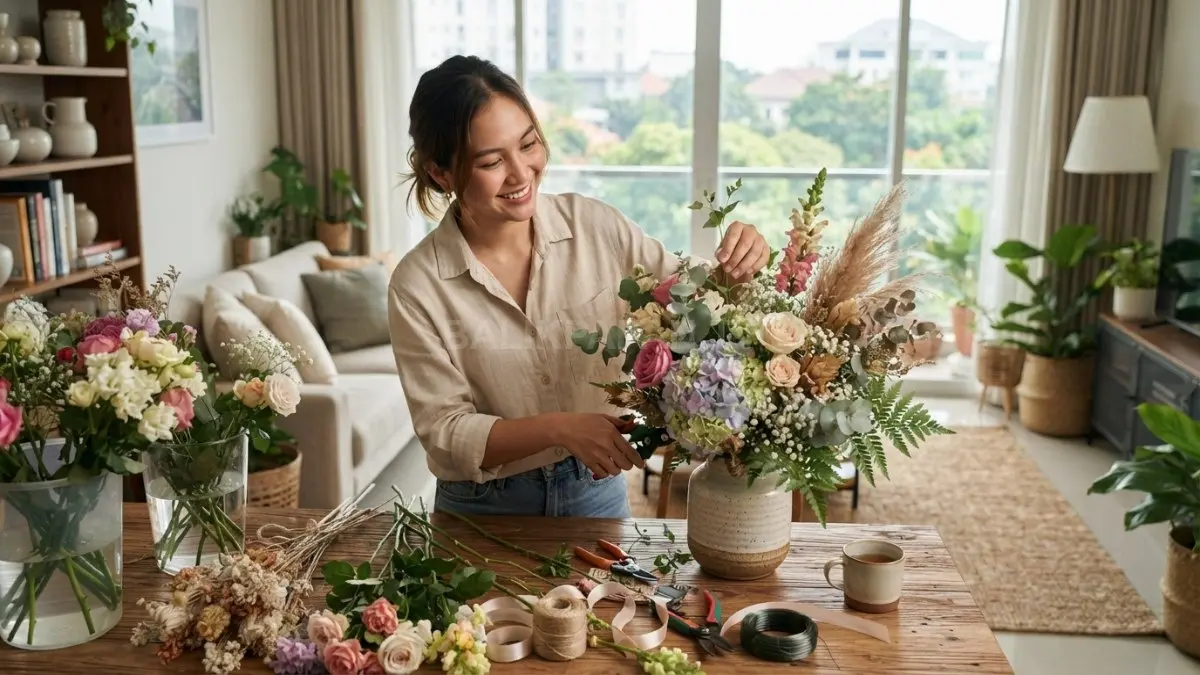 Merangkai bunga menjadi hobi kreatif sederhana untuk mempercantik rumah sekaligus mengasah selera warna dan komposisi (BTV/AI).
