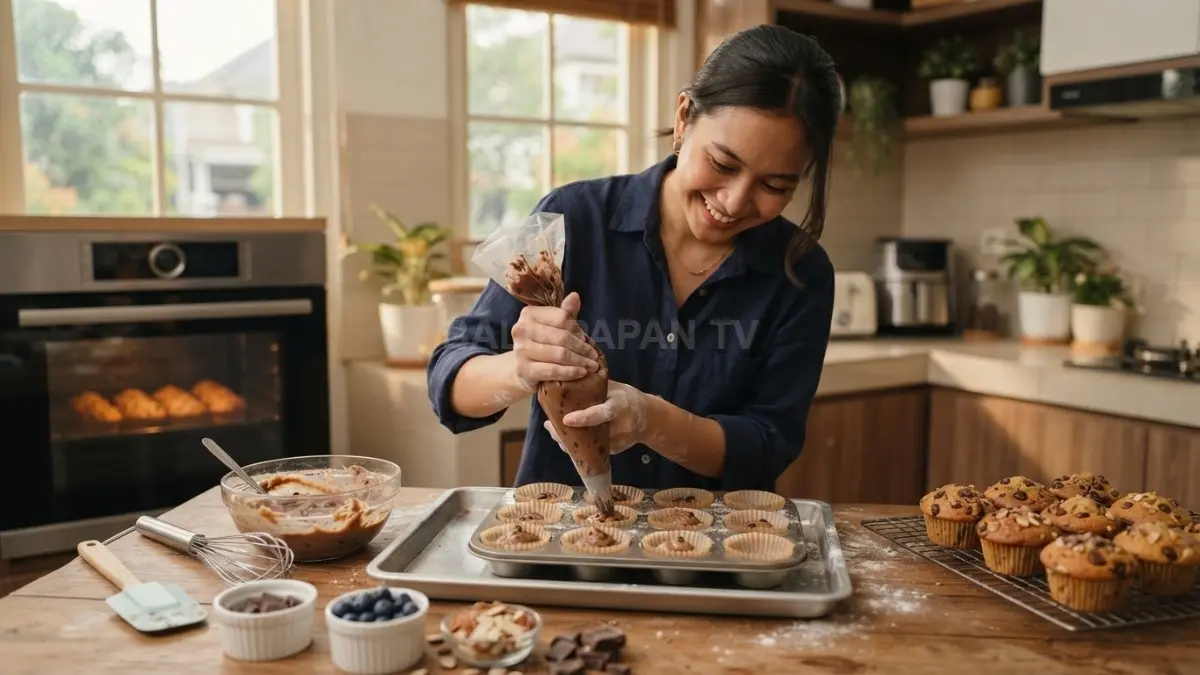 Muffin praktis dengan porsi individual, cocok dikreasikan memakai buah, cokelat, atau kacang untuk camilan rumahan. (BTV/AI)