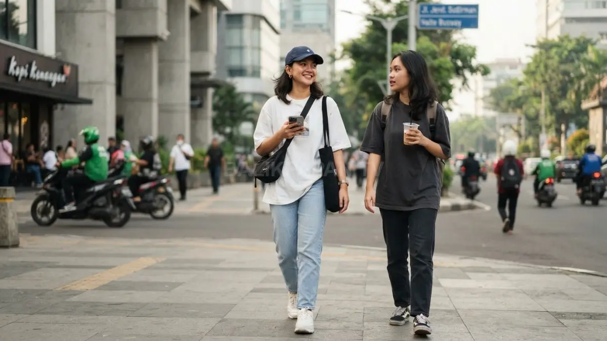 Oversized T-shirt dan straight jeans menciptakan gaya casual simpel, clean, nyaman, dan tetap stylish untuk aktivitas harian (BTV/AI)
