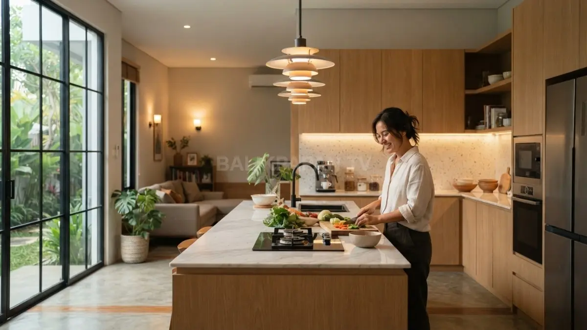 Pencahayaan berlapis menghadirkan suasana dapur Eropa modern melalui lampu kabinet, pendant, dan cahaya alami. (BTV/AI)
