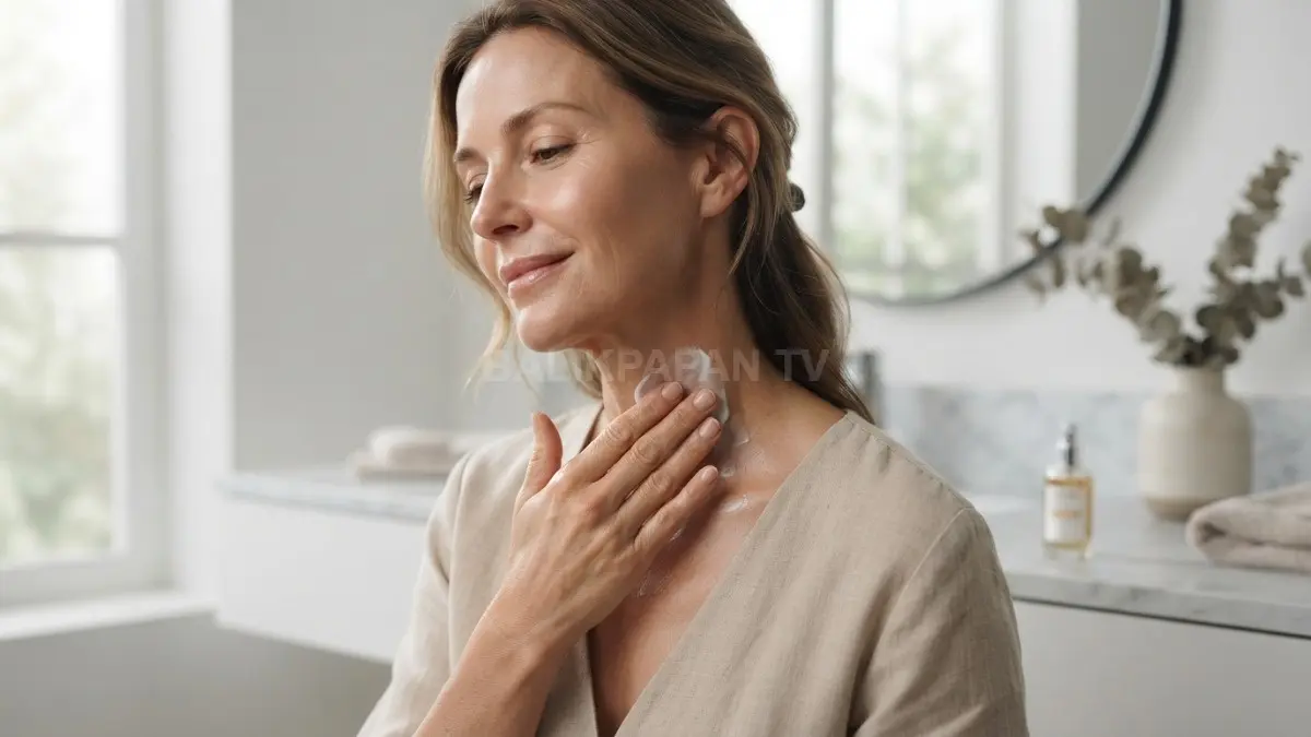 Pengaplikasian sunscreen secara merata di area leher penting untuk menjaga kulit dari sinar UV. (BTV/Ai)