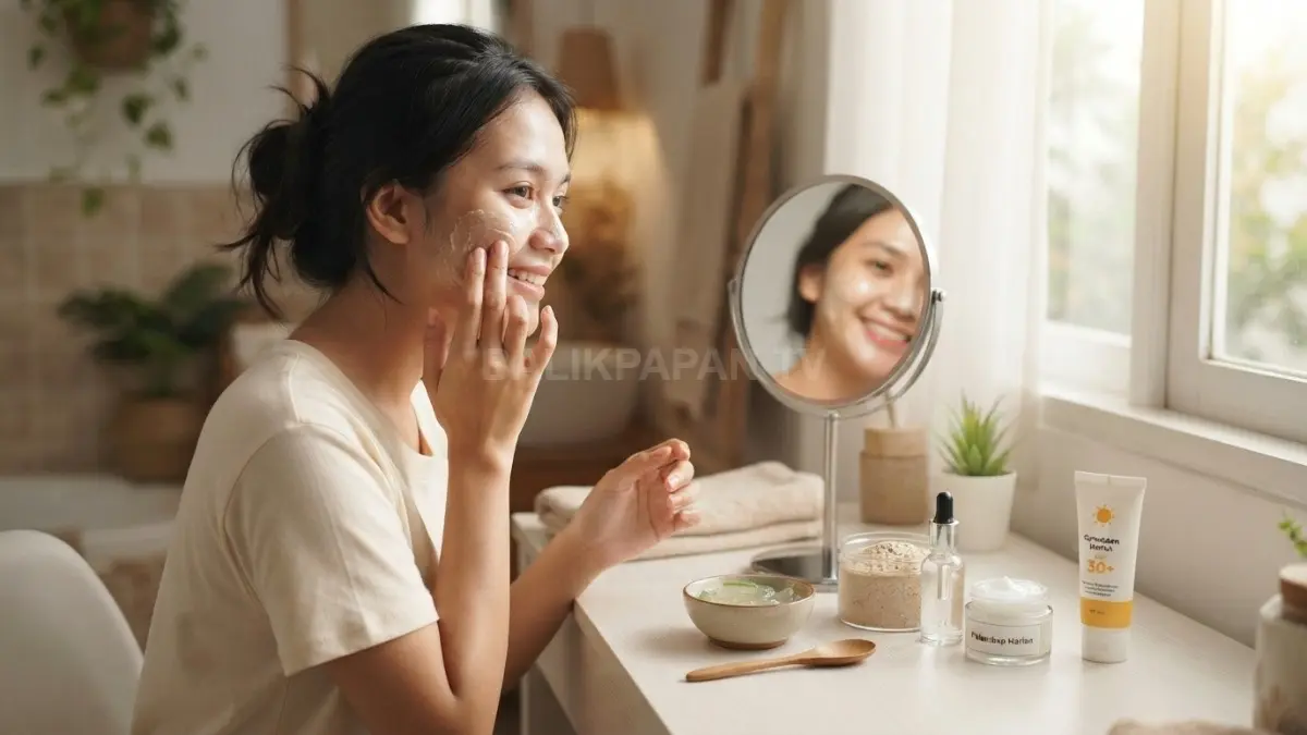 Perawatan kulit sederhana dengan bahan alami, pelembap, dan sunscreen membantu menjaga kesehatan kulit setiap hari. (BTV/AI)