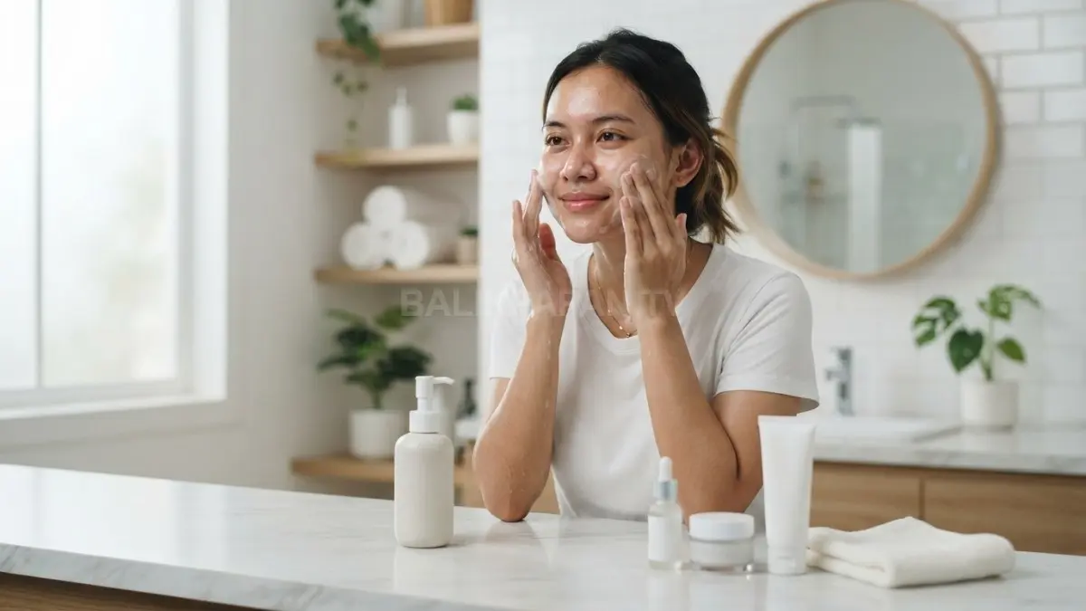 Perempuan dewasa dengan kulit sehat melakukan rutinitas pembersihan wajah lembut untuk menjaga keseimbangan mikrobioma kulit. (BTV/Ai)