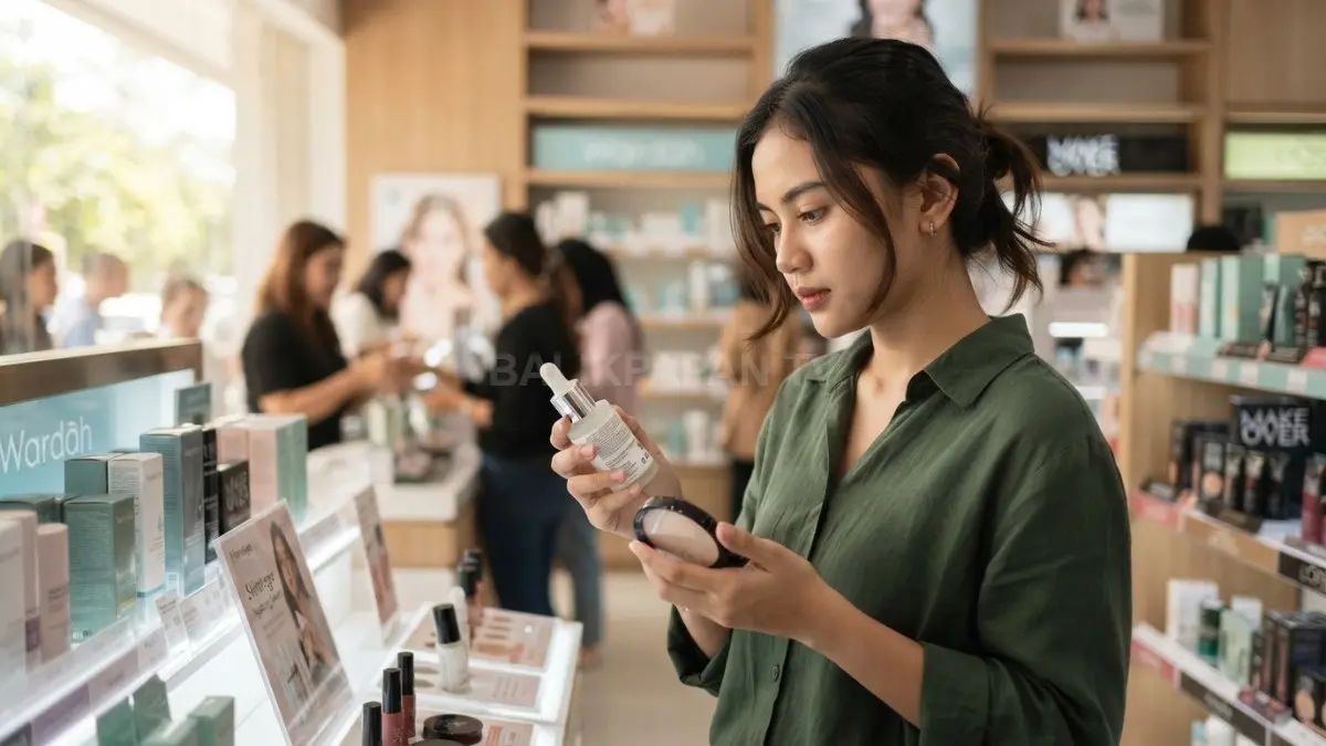 Perempuan memilih kosmetik sesuai jenis kulit sambil memeriksa kemasan dan informasi produk untuk menjaga kesehatan kulit. (BTV/AI)