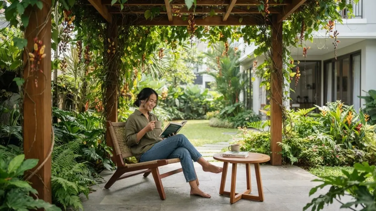 Pergola bikin taman makin teduh, nyaman, dan asri, apalagi dipadukan tanaman rambat serta furniture minimalis. (BTV/AI)
