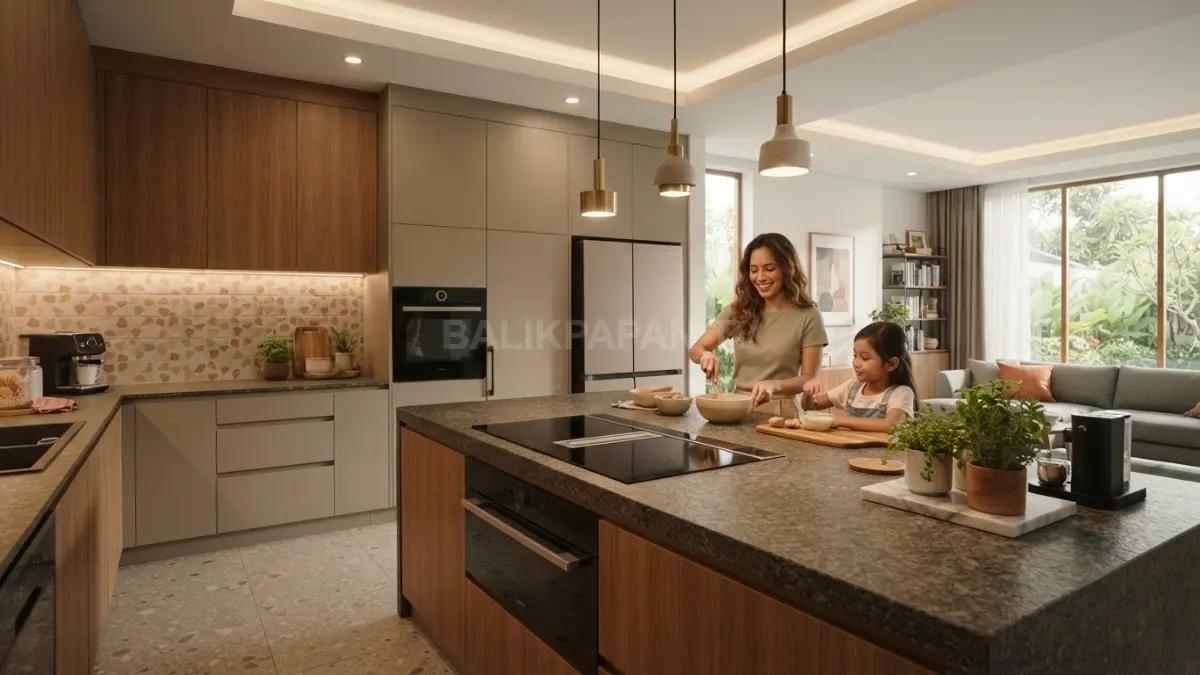 Perpaduan batu, kayu, dan keramik menghadirkan karakter Eropa modern melalui tekstur natural yang hangat dan elegan. (BTV/AI)