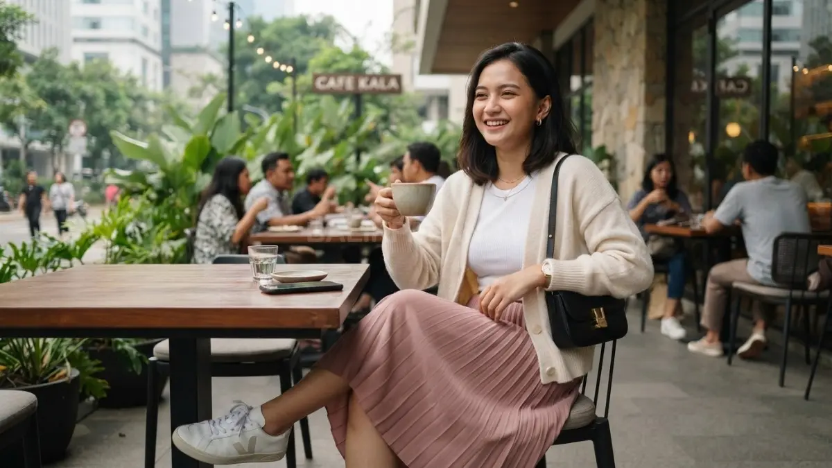 Perpaduan cardigan, basic top, dan rok menghadirkan gaya feminin yang santai, clean, nyaman, serta tetap stylish untuk berbagai aktivitas harian. (BTV/AI)