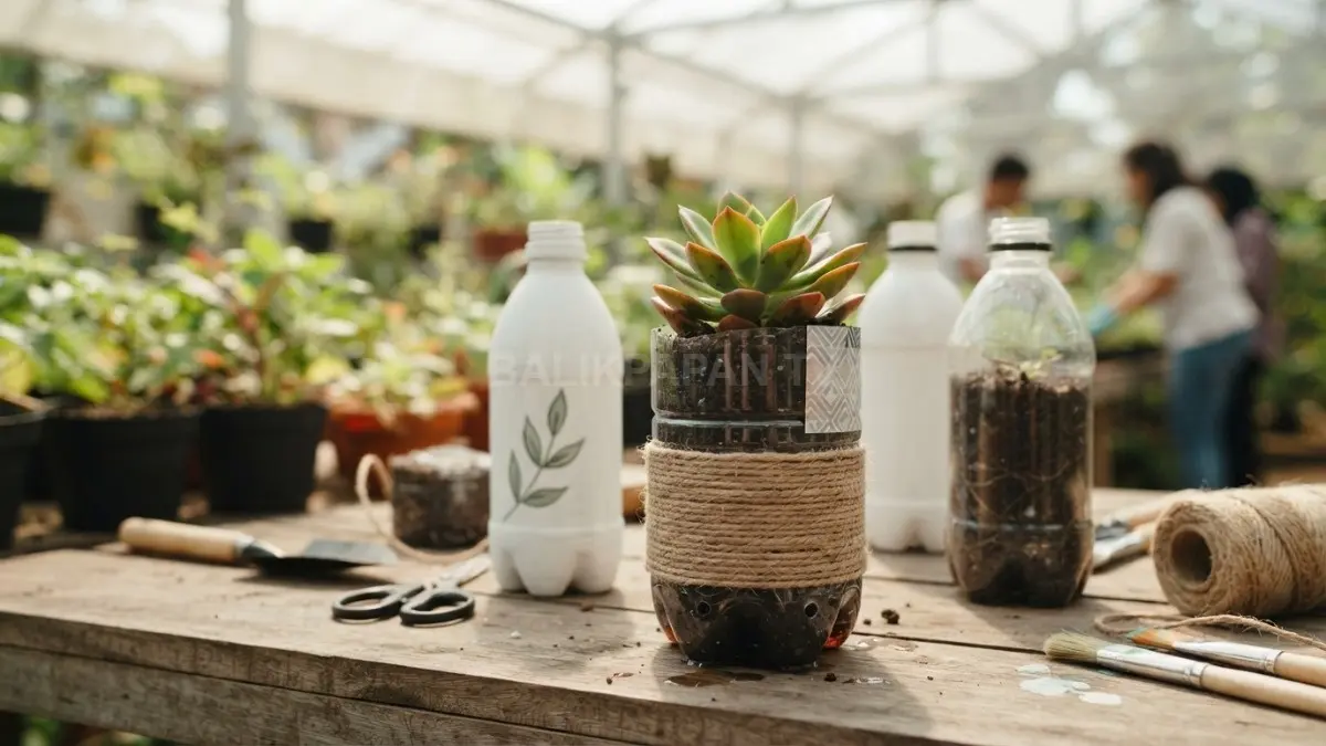 Pot tanaman dari botol plastik bekas menjadi dekorasi hijau kreatif yang praktis untuk rumah dan mudah dibuat sendiri. (BTV/AI)