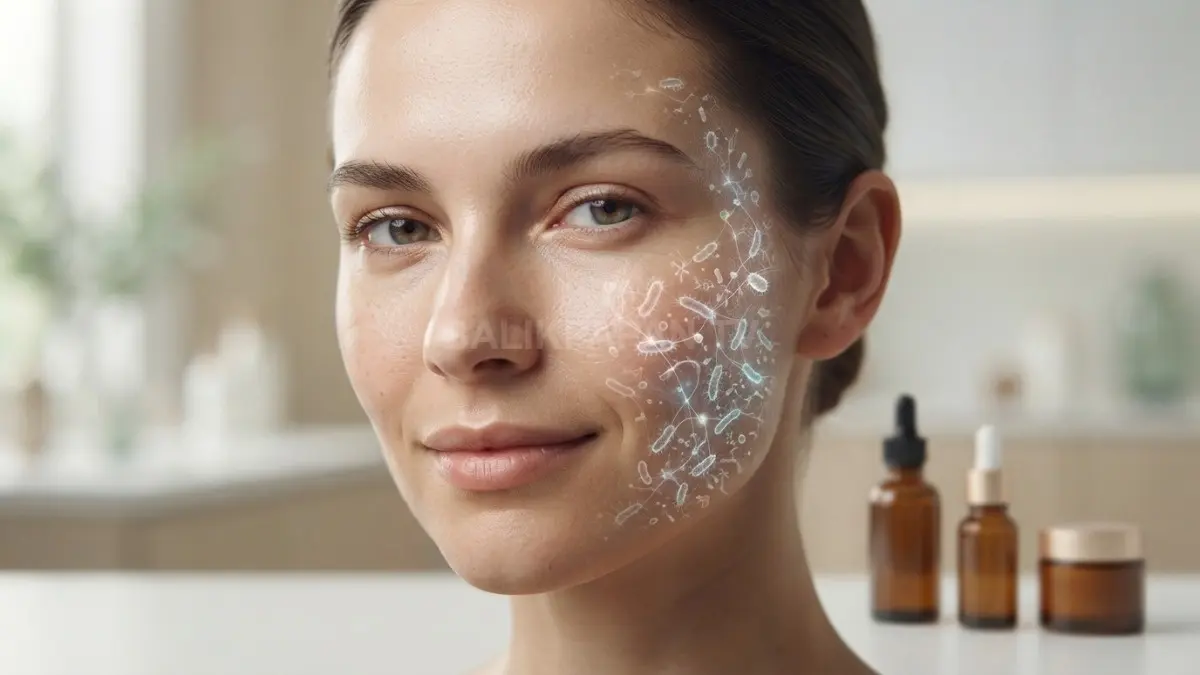 Potret dermatologi premium ini menampilkan kulit sehat dengan visualisasi artistik ekosistem mikrobioma kulit yang seimbang. (BTV/Ai)