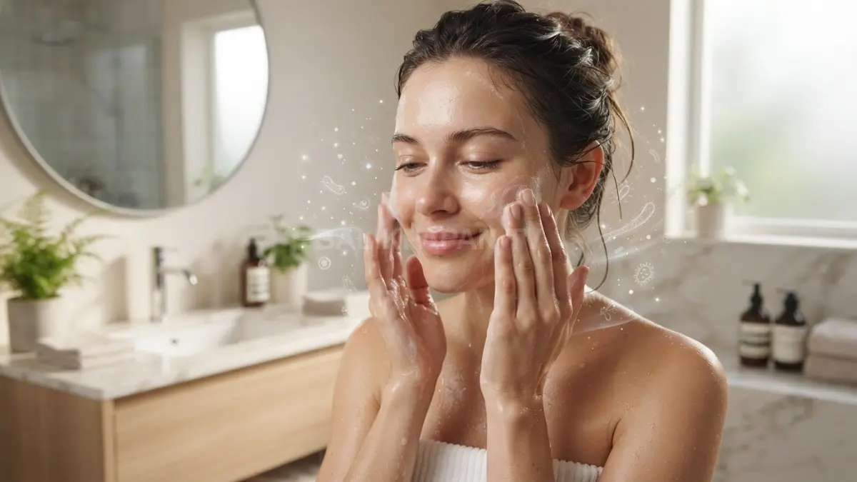 Proses membersihkan wajah secara lembut membantu menjaga keseimbangan skin microbiome agar kulit tetap sehat. (BTV/Ai)