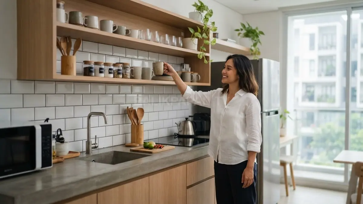 Rak terbuka bikin dapur kecil terasa lebih luas, praktis, rapi, dan mudah diakses setiap hari (BTV/AI)

