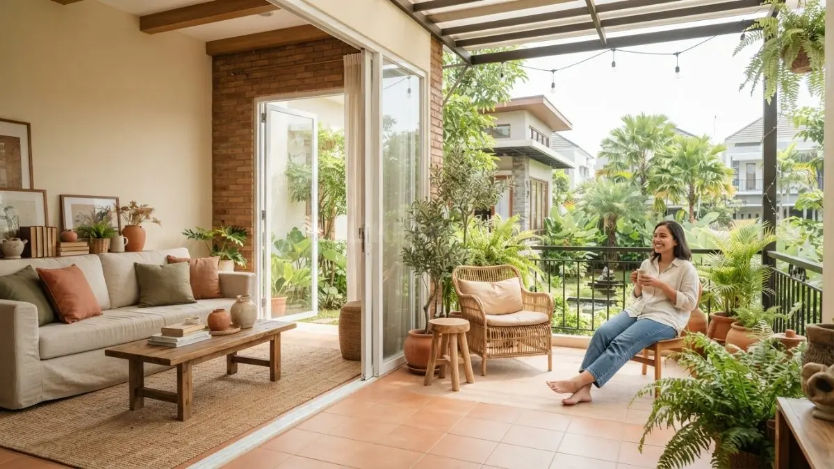 Ruang keluarga bergaya Mediterranean menyatu dengan teras terbuka melalui pintu kaca, material alami, dan palet warna bumi. (BTV/AI)