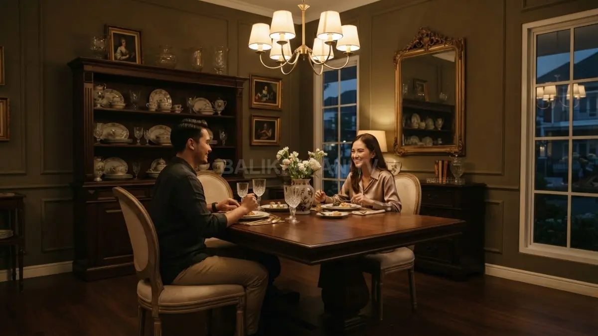 Ruang makan bergaya old money menampilkan meja kayu solid, furnitur klasik, pencahayaan hangat, dan dekorasi elegan berkarakter. (BTV/AI)